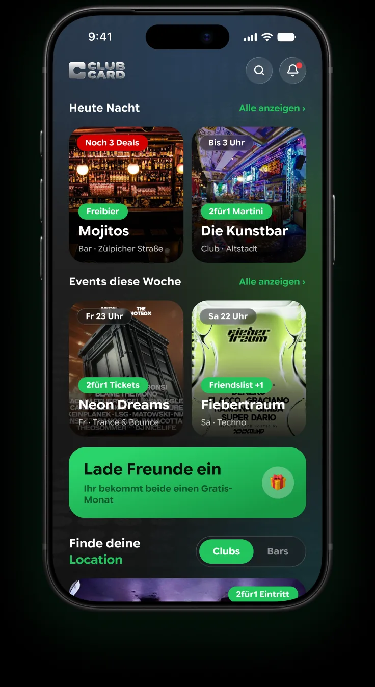 Die ClubCard-App: die Startseite mit den Deals von heute Abend