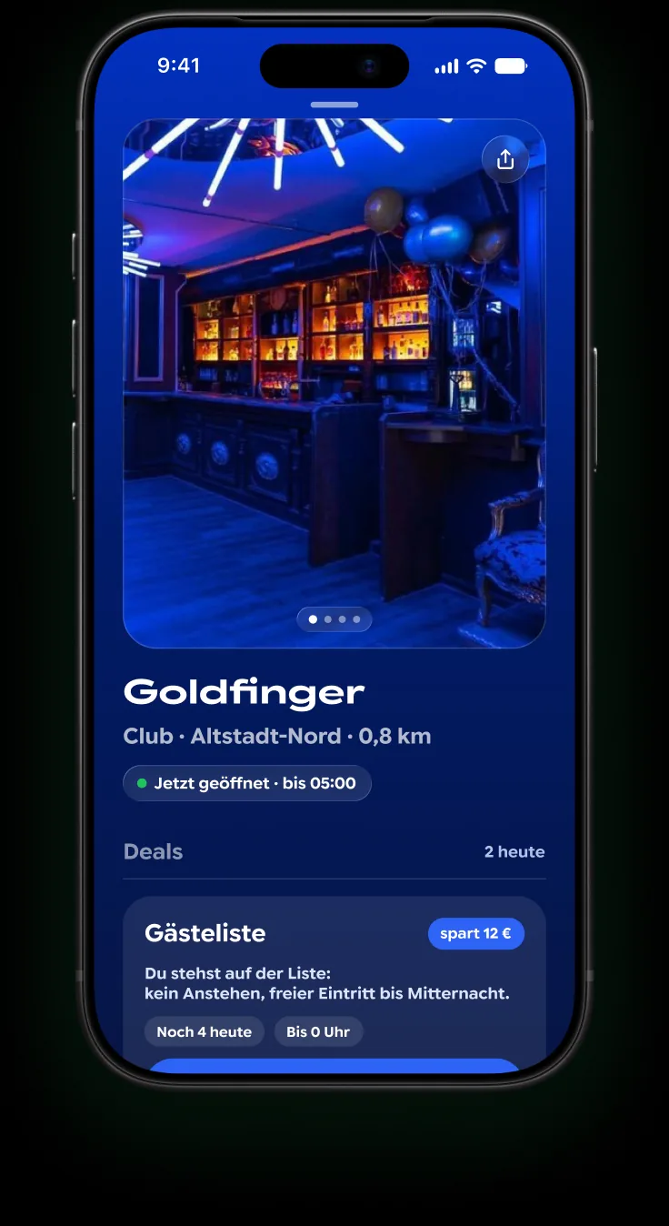 Die ClubCard-App: eine Location mit Fotos, Öffnungszeiten und Deals