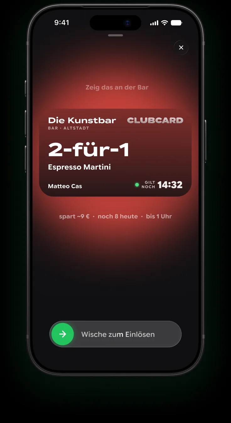 Die ClubCard-App: die Karte im Einlöse-Zustand, bereit für die Bar